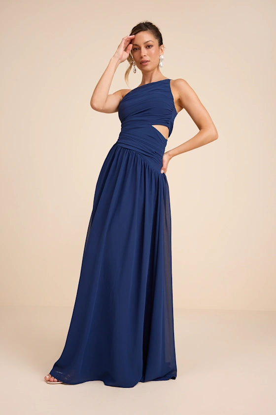 Navy Blue One Shoulder Prom Dress With Ruched Bodice Side Cutout And Chiffon A Line Formal Prom Dress
