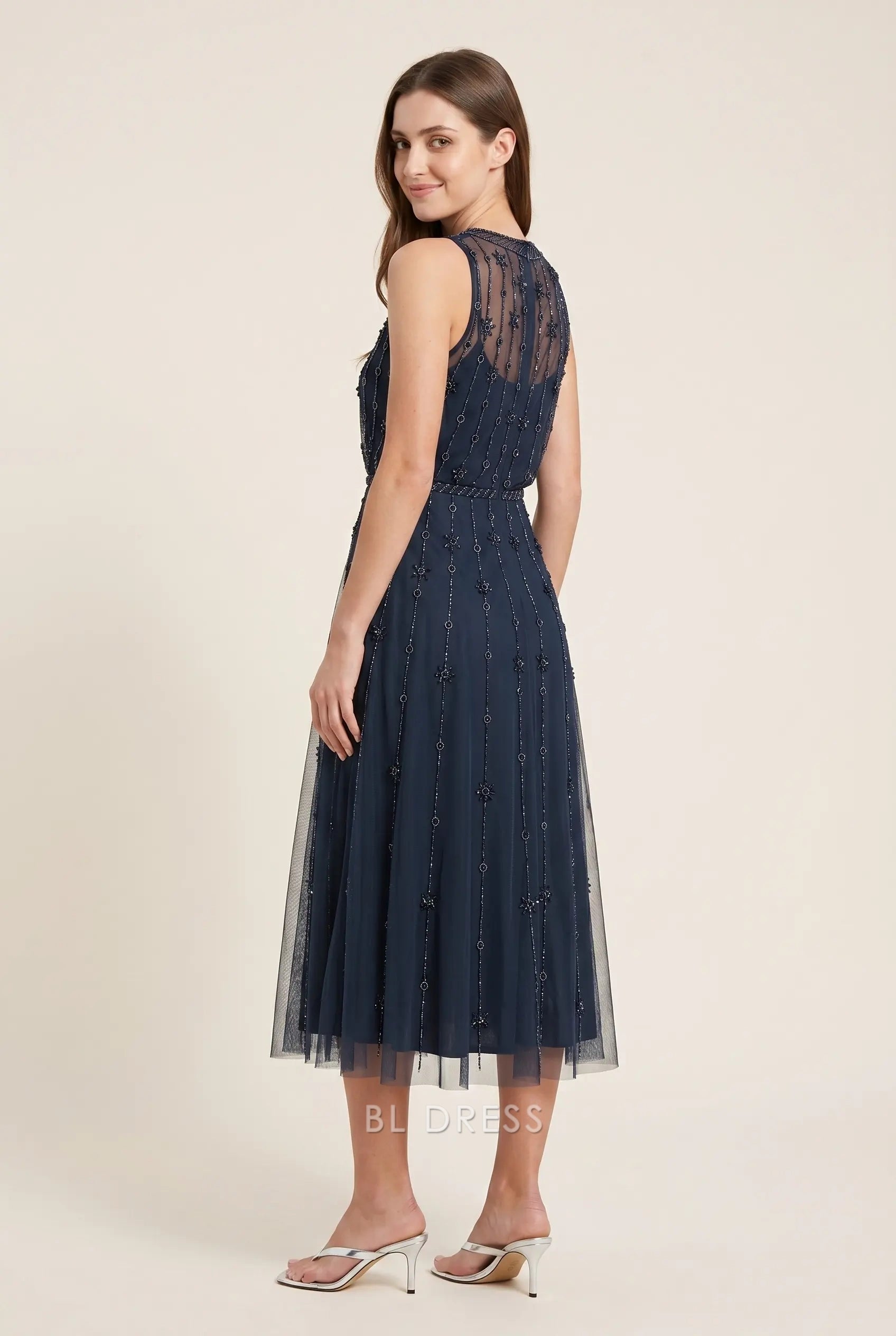 Navy Blue Round Neck Sleeveless Beaded Embellished Mesh Midi Formal Evening Prom Dress