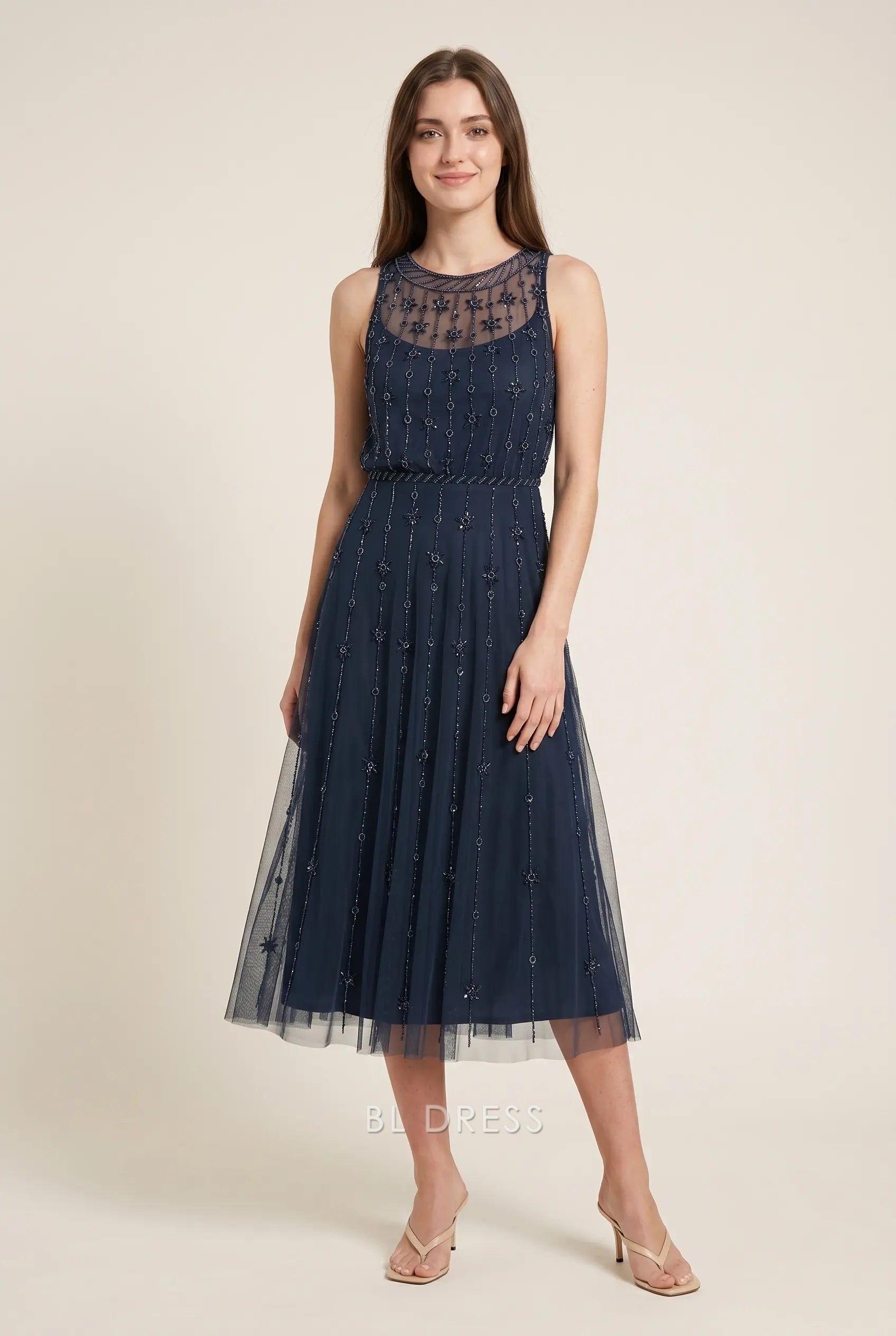 Navy Blue Round Neck Sleeveless Beaded Embellished Mesh Midi Formal Evening Prom Dress