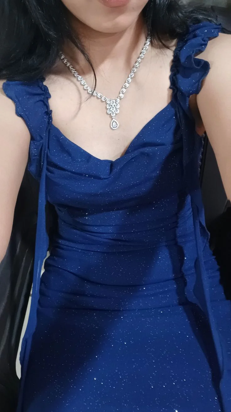 Navy Blue Ruffled Strap Prom Dress With Sparkly Fabric And Mermaid Silhouette Formal Prom Dress
