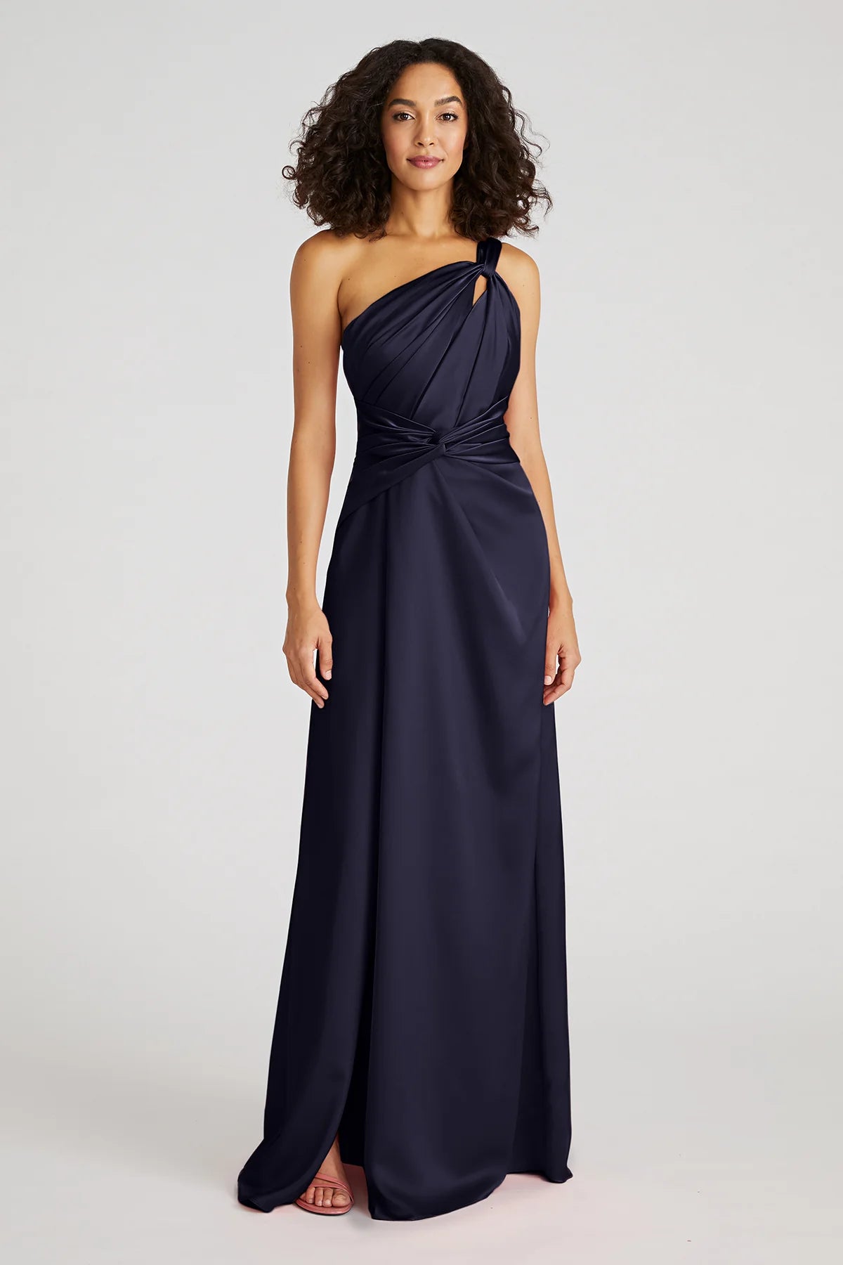 Navy Blue Satin A Line One Shoulder Knot Detail Ruched Waist Floor Length Formal Evening Prom Dress
