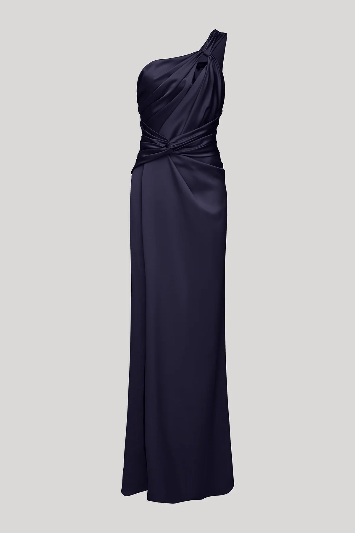 Navy Blue Satin A Line One Shoulder Knot Detail Ruched Waist Floor Length Formal Evening Prom Dress