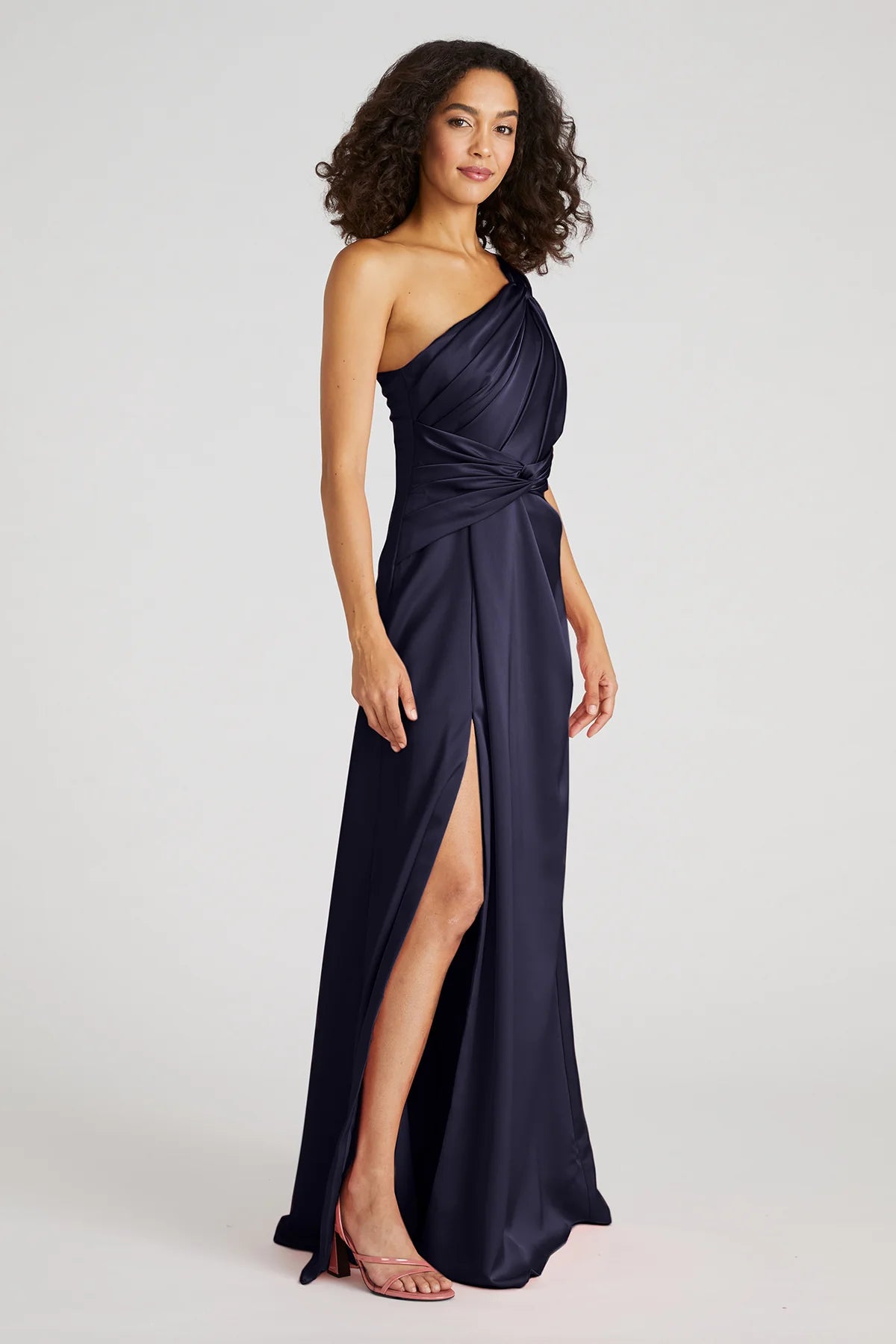 Navy Blue Satin A Line One Shoulder Knot Detail Ruched Waist Floor Length Formal Evening Prom Dress