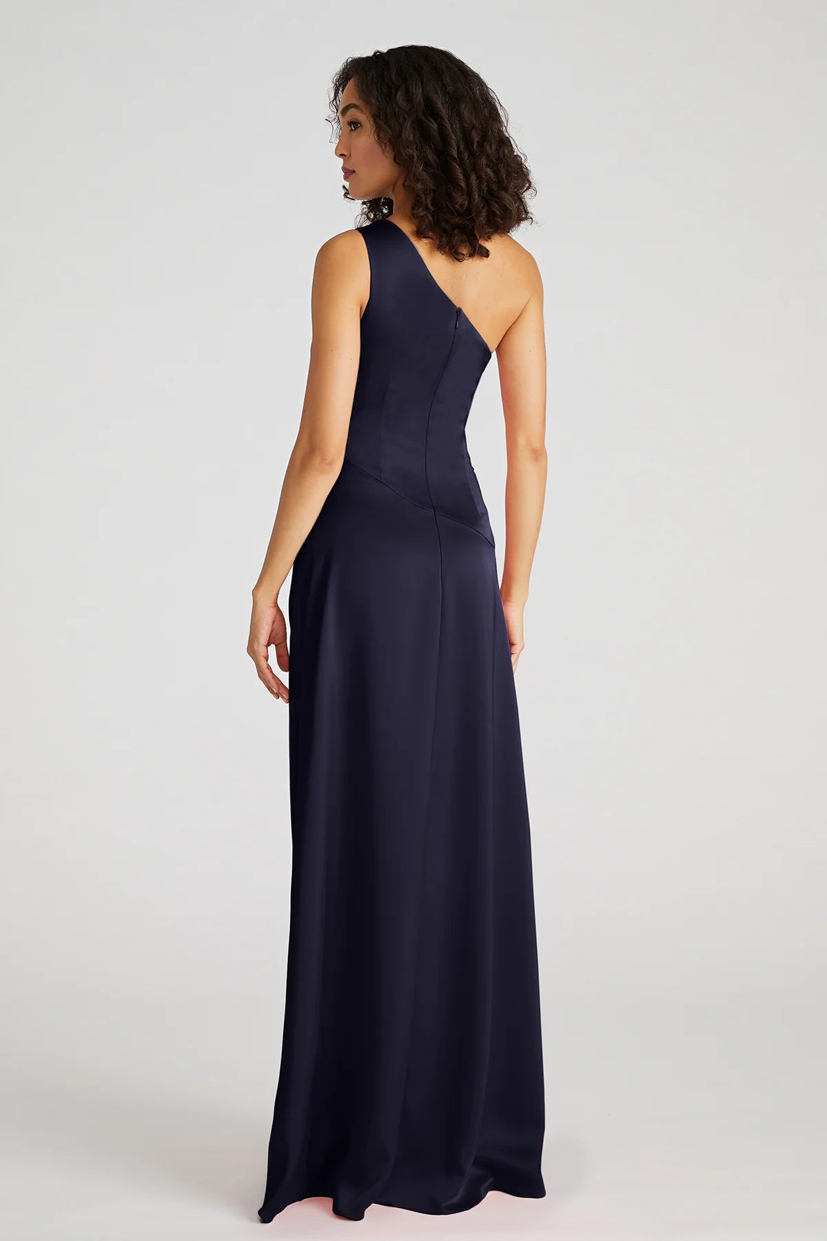 Navy Blue Satin A Line One Shoulder Knot Detail Ruched Waist Floor Length Formal Evening Prom Dress