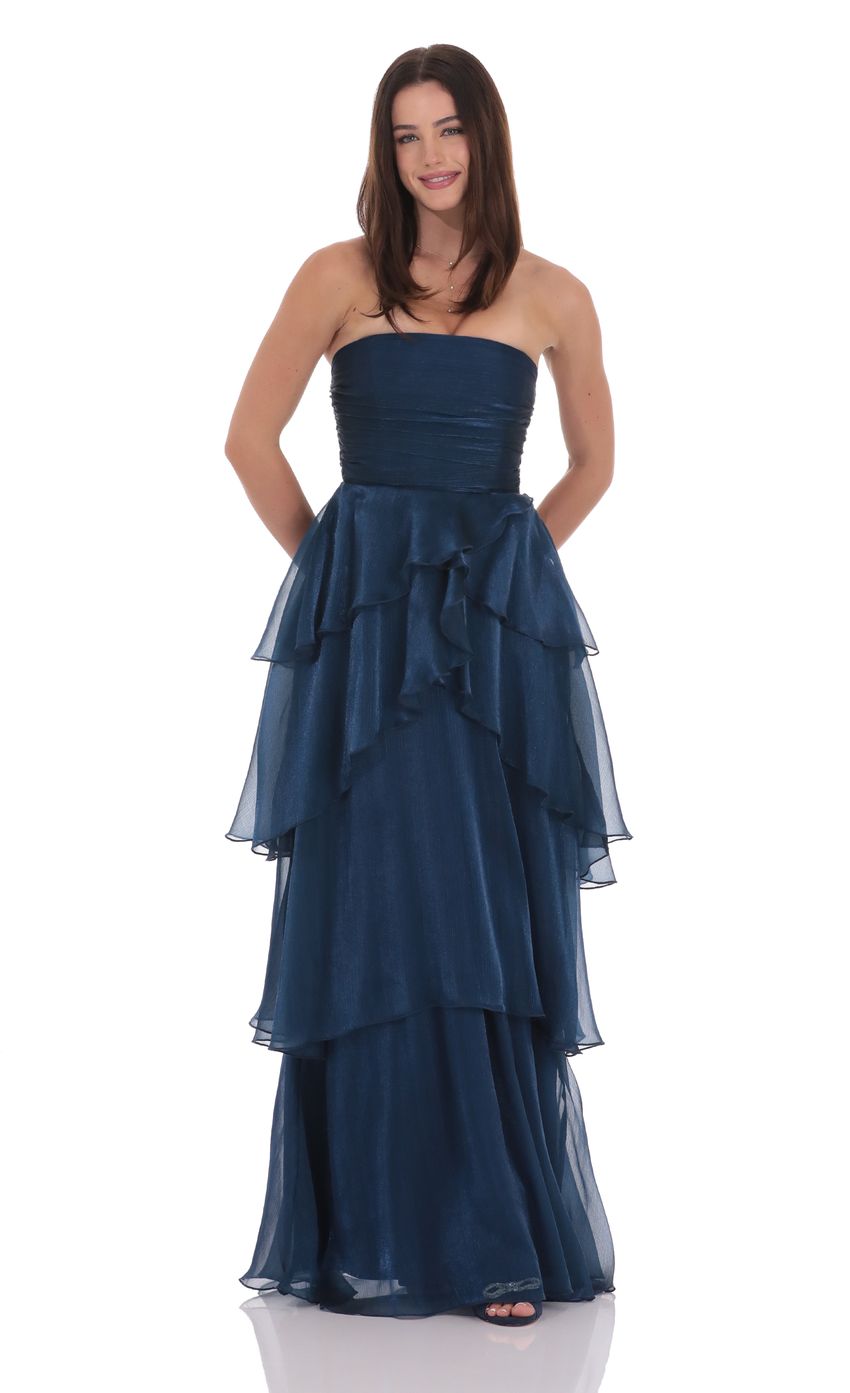 Navy Blue Strapless Tiered Prom Dress With Lace-Up Back Formal Prom Dress
