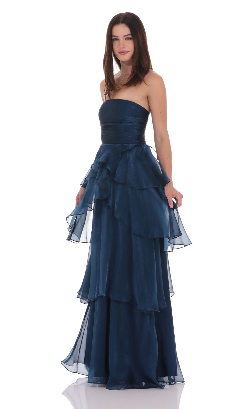 Navy Blue Strapless Tiered Prom Dress With Lace-Up Back Formal Prom Dress