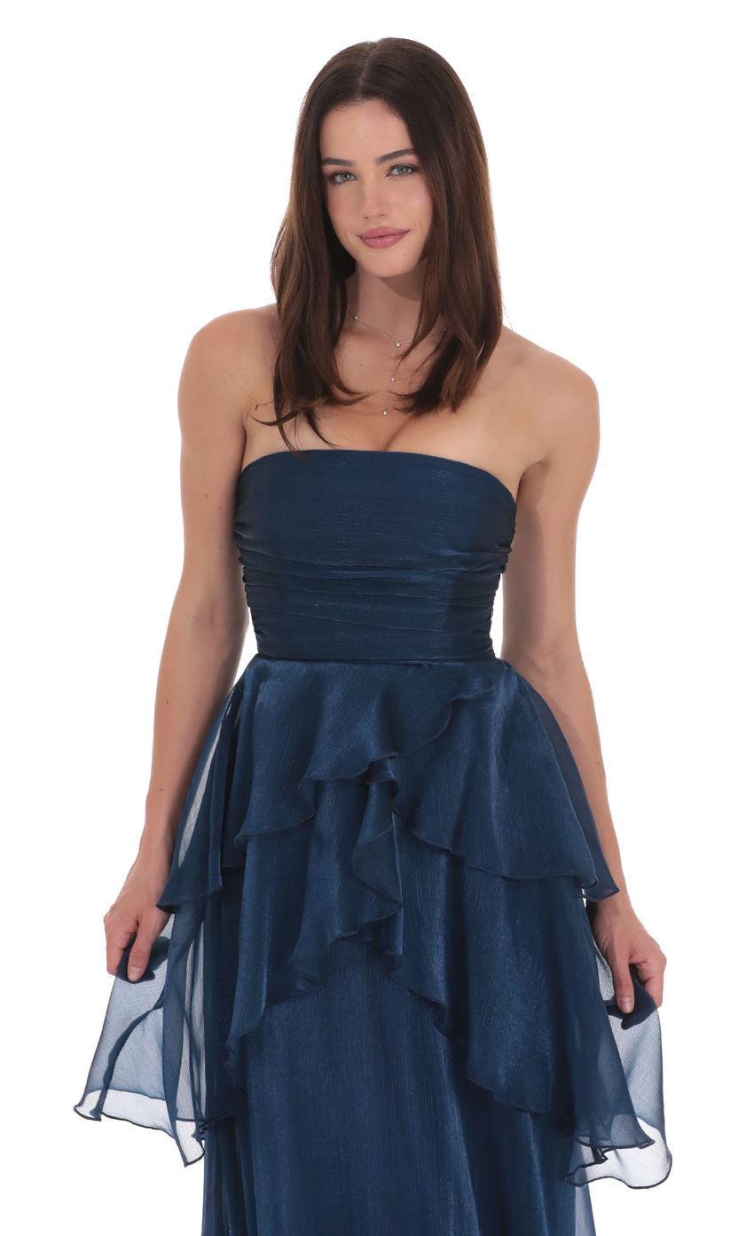 Navy Blue Strapless Tiered Prom Dress With Lace-Up Back Formal Prom Dress