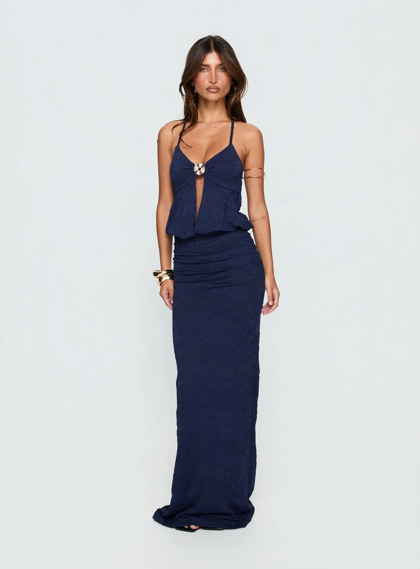 Navy Blue Textured Halter Prom Dress with Keyhole Cutout and Gold Hardware for Formal Events and Prom Nights
