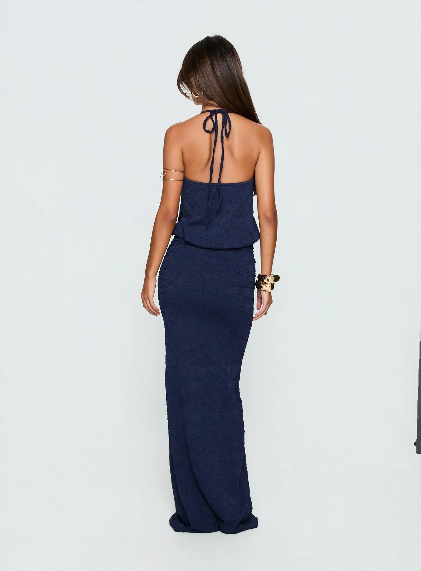 Navy Blue Textured Halter Prom Dress with Keyhole Cutout and Gold Hardware for Formal Events and Prom Nights