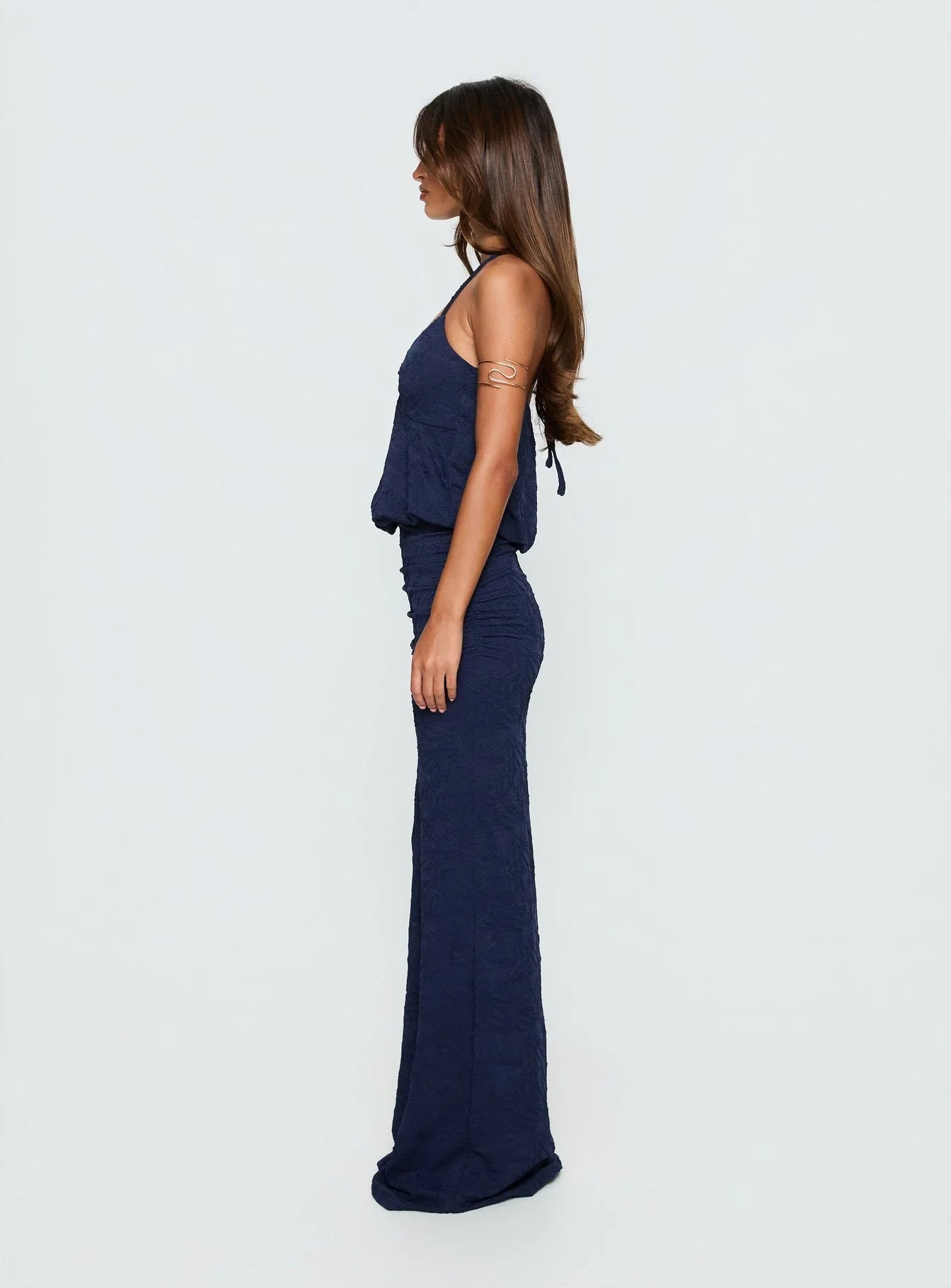 Navy Blue Textured Halter Prom Dress with Keyhole Cutout and Gold Hardware for Formal Events and Prom Nights