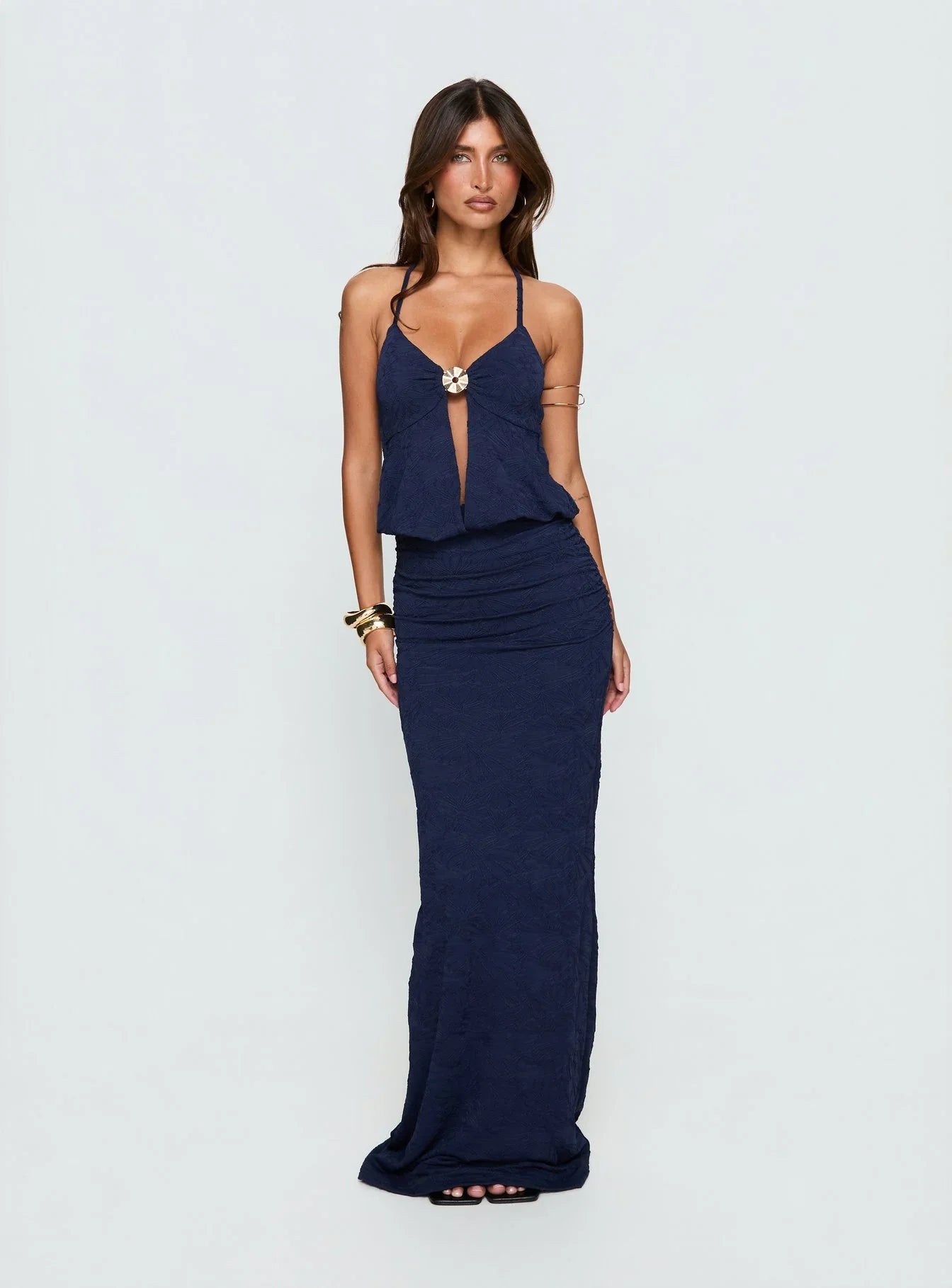 Navy Blue Textured Halter Prom Dress with Keyhole Cutout and Gold Hardware for Formal Events and Prom Nights