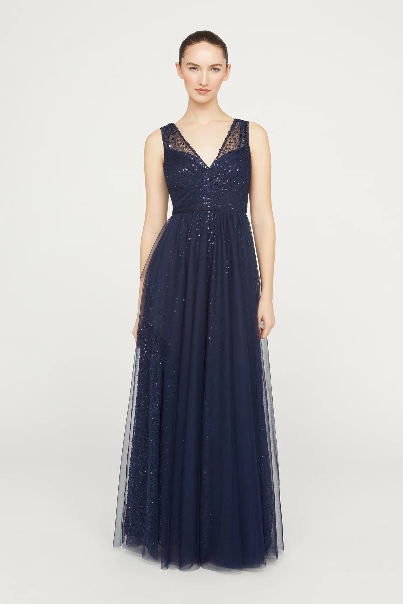 Navy Blue Tulle A Line V Neck Sleeveless Pleated Bodice Sequin Floor Length Formal Evening Prom Dress