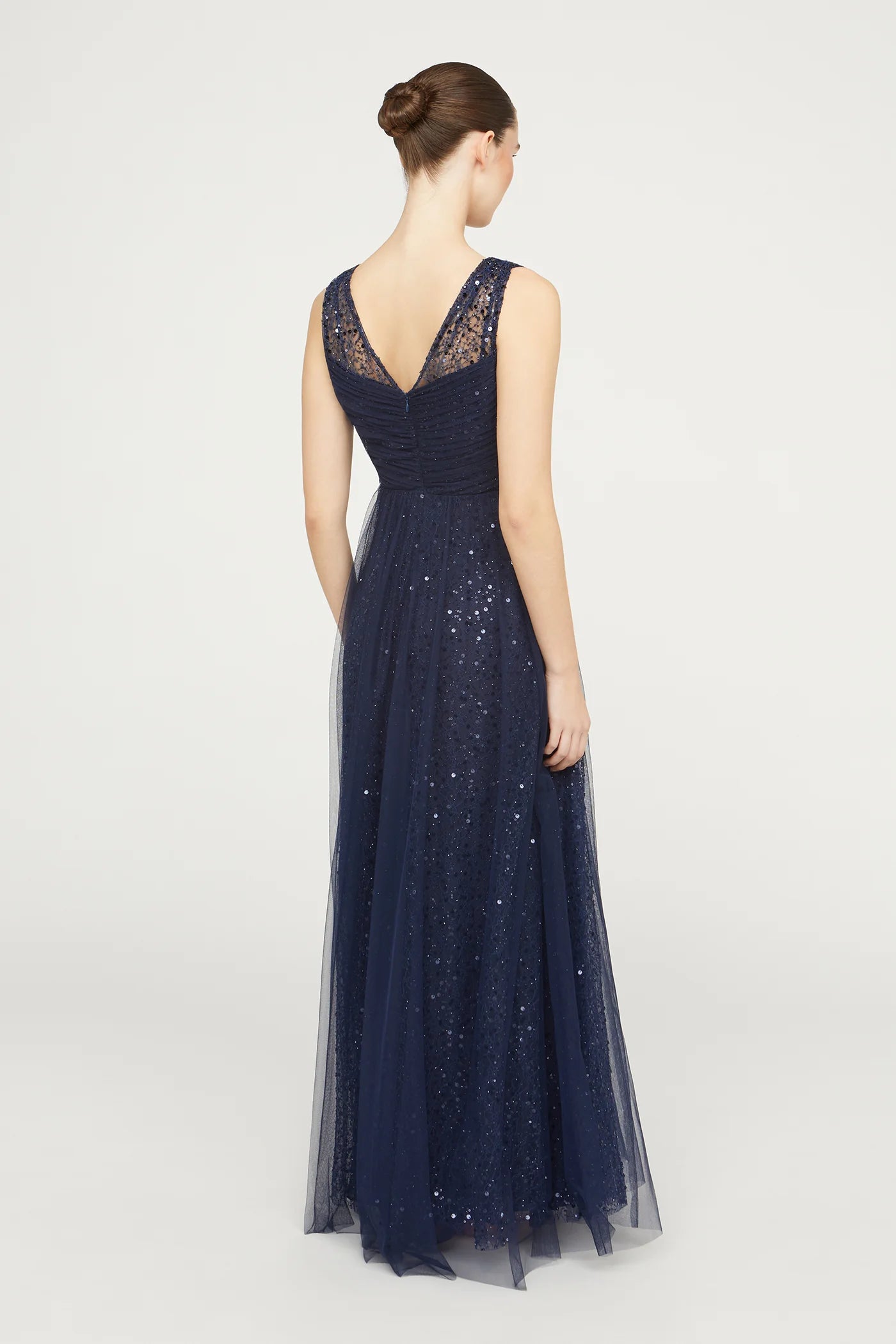 Navy Blue Tulle A Line V Neck Sleeveless Pleated Bodice Sequin Floor Length Formal Evening Prom Dress