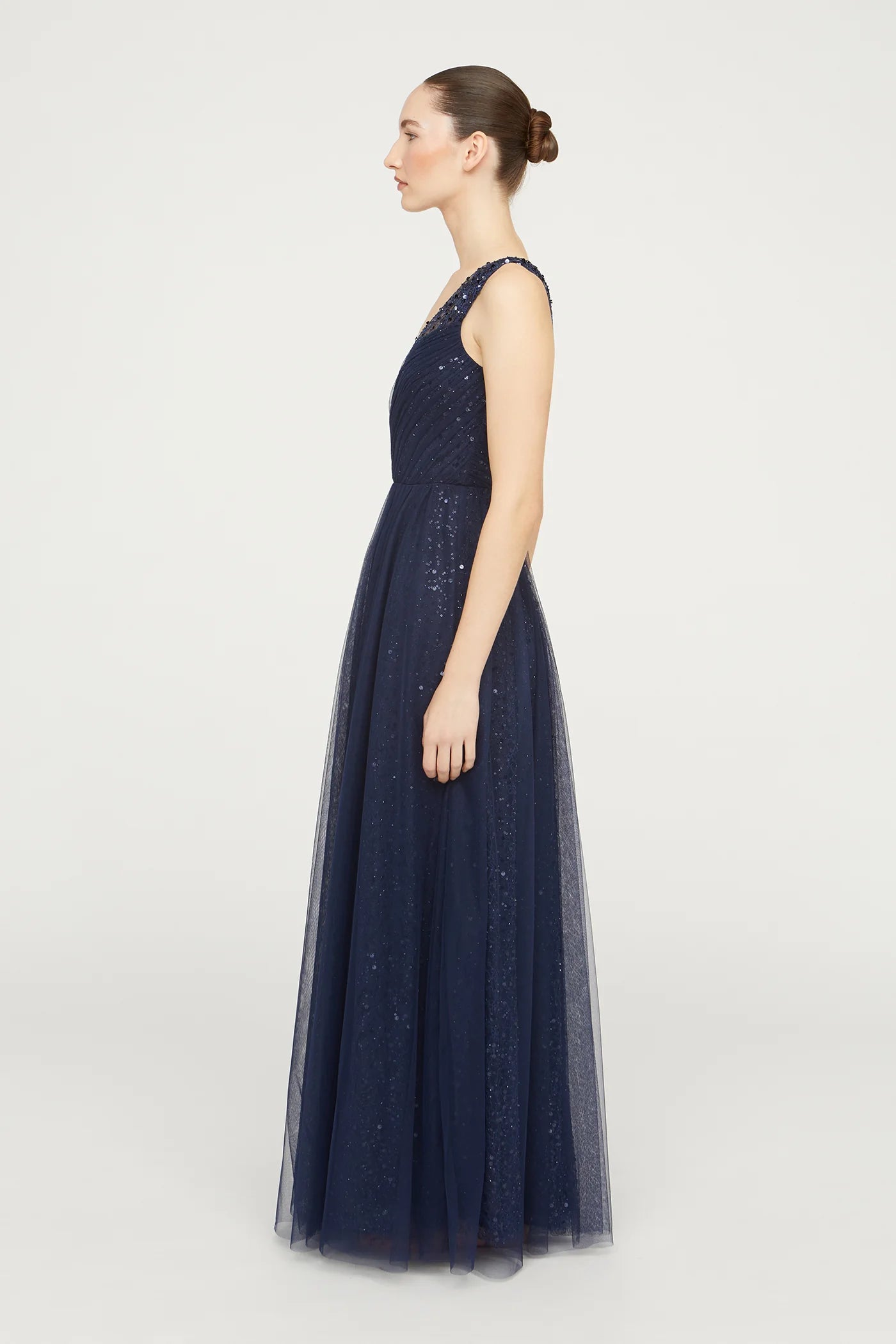 Navy Blue Tulle A Line V Neck Sleeveless Pleated Bodice Sequin Floor Length Formal Evening Prom Dress