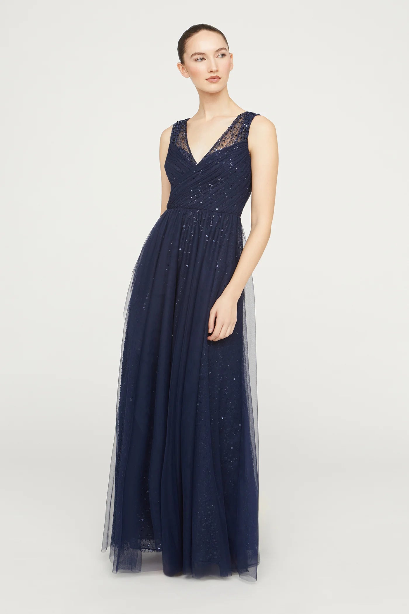 Navy Blue Tulle A Line V Neck Sleeveless Pleated Bodice Sequin Floor Length Formal Evening Prom Dress
