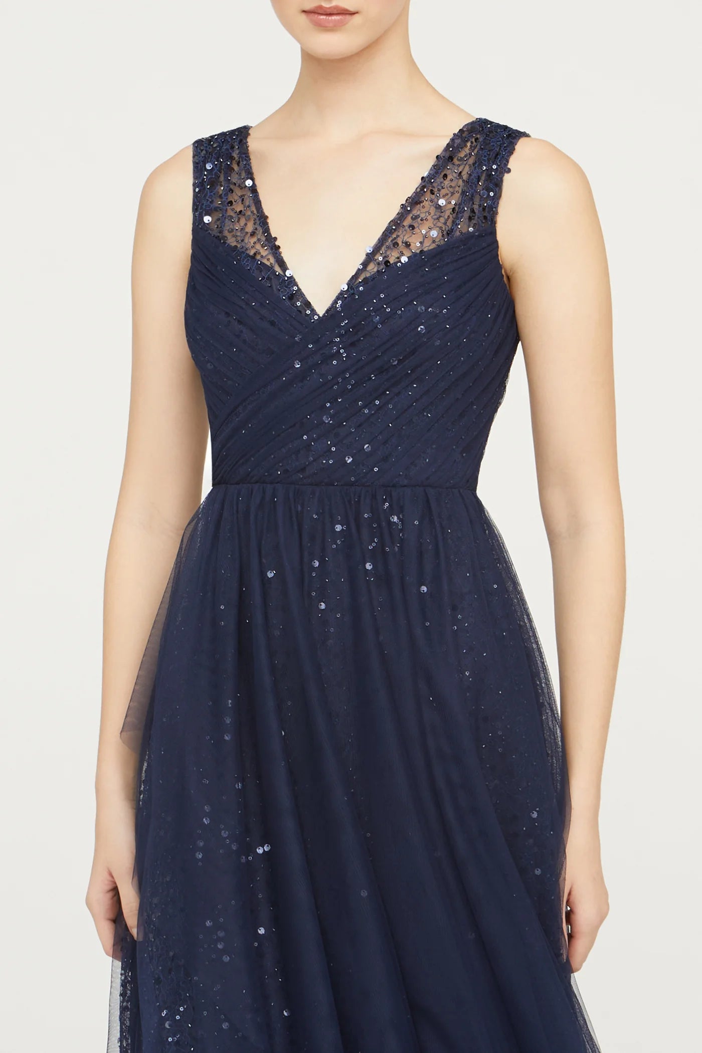 Navy Blue Tulle A Line V Neck Sleeveless Pleated Bodice Sequin Floor Length Formal Evening Prom Dress