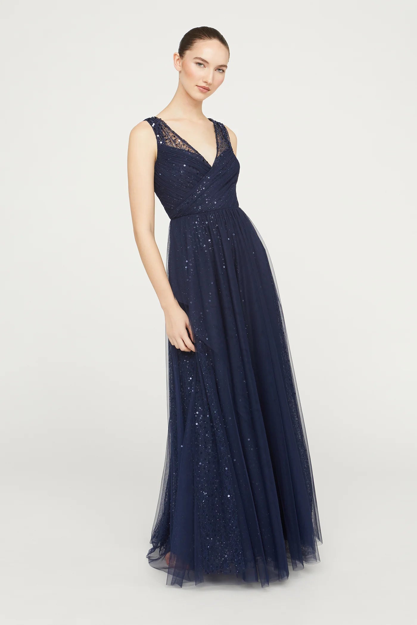 Navy Blue Tulle A Line V Neck Sleeveless Pleated Bodice Sequin Floor Length Formal Evening Prom Dress