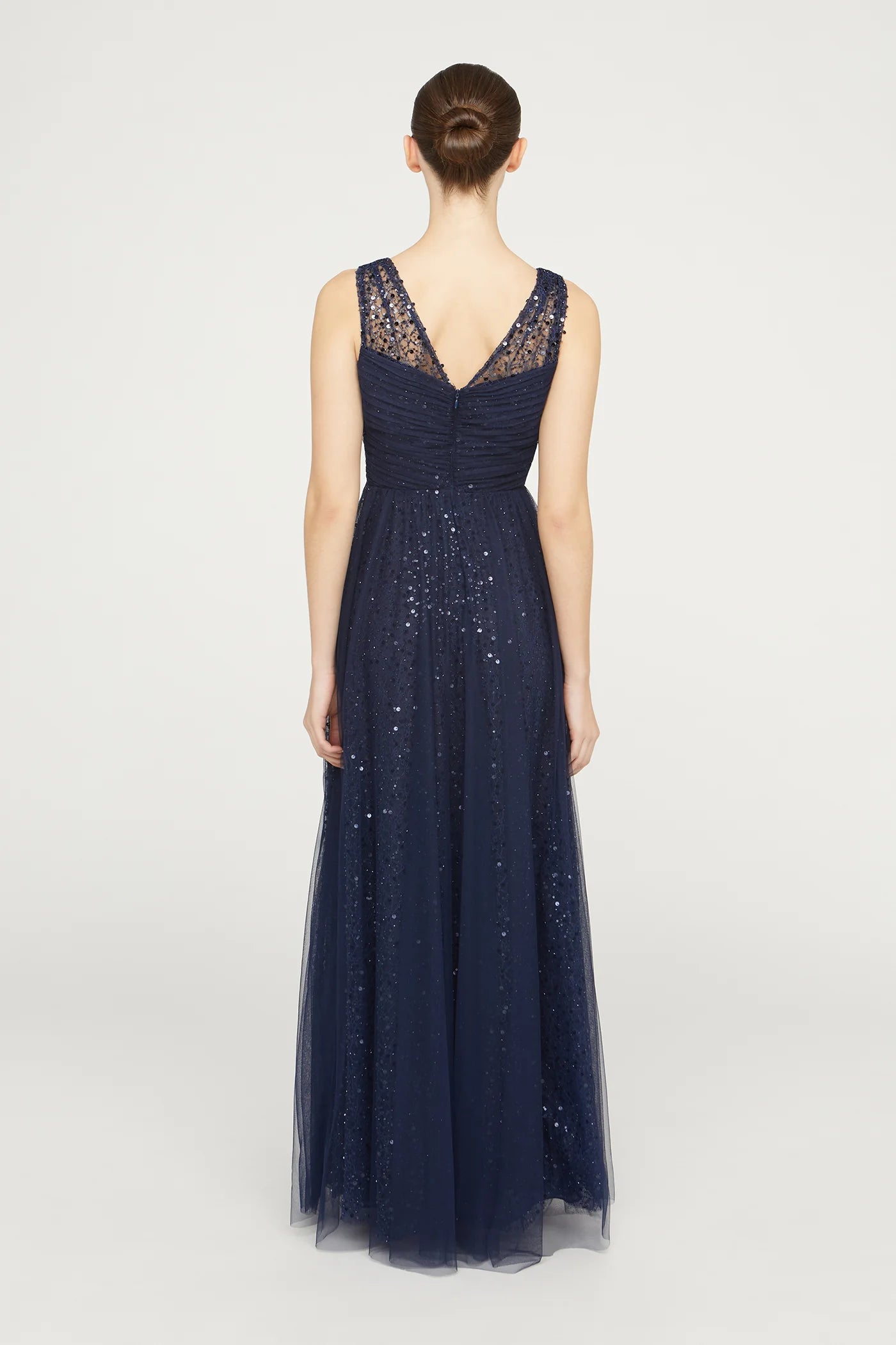 Navy Blue Tulle A Line V Neck Sleeveless Pleated Bodice Sequin Floor Length Formal Evening Prom Dress