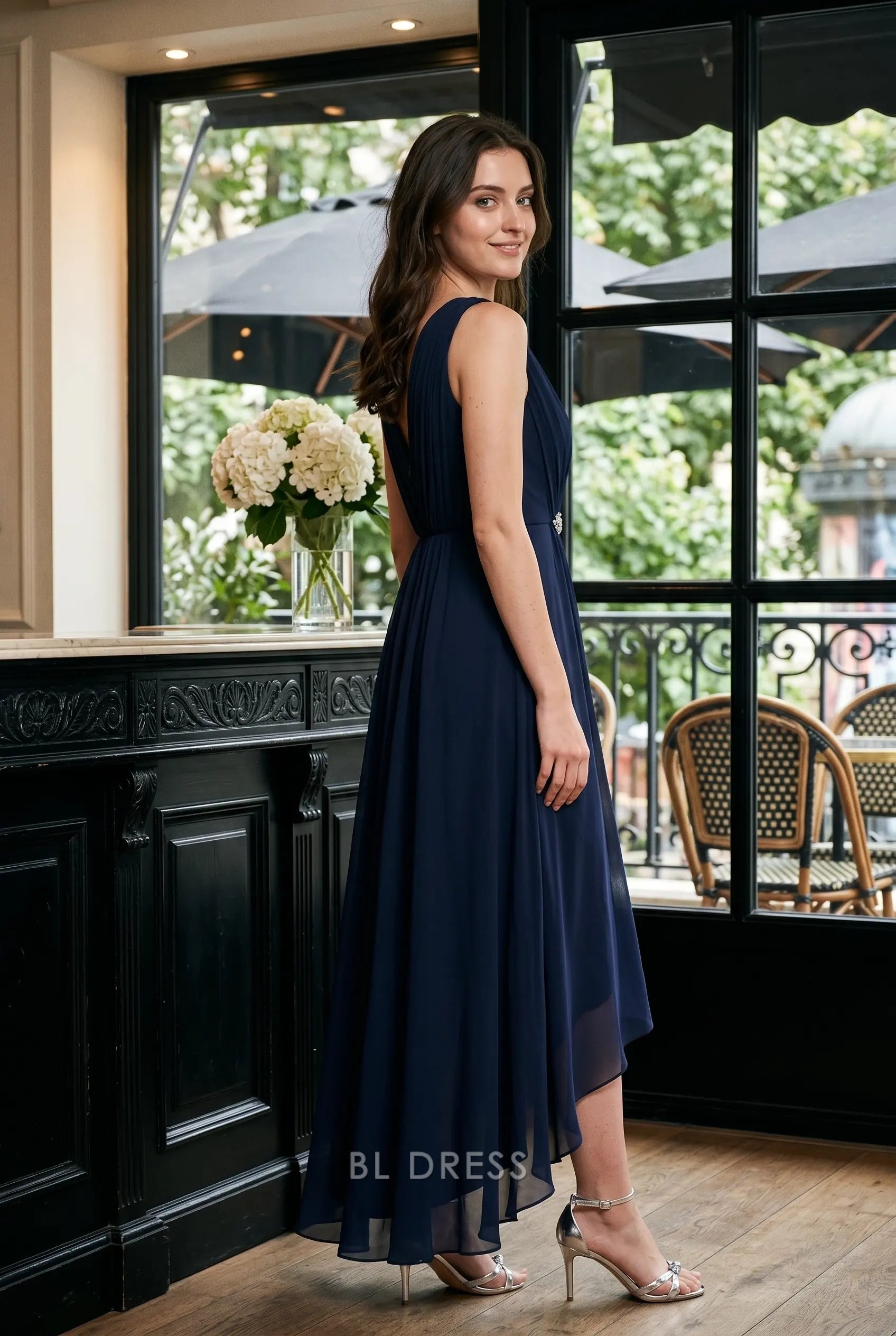 Navy Blue V Neck Sleeveless Beaded Waist High Low Chiffon Formal Evening Prom Dress