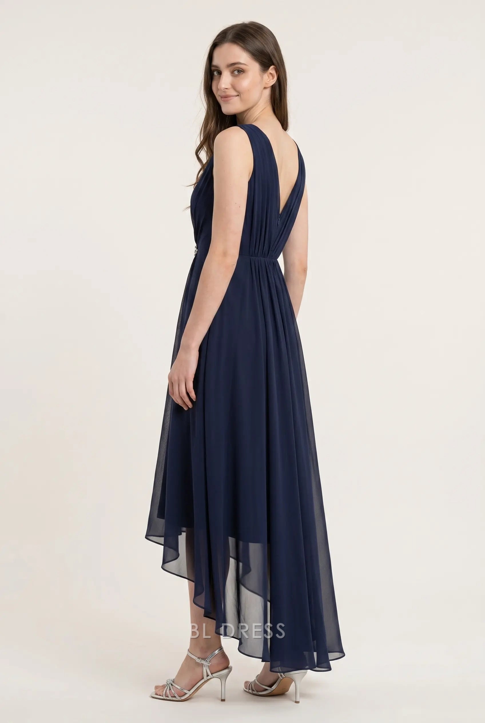 Navy Blue V Neck Sleeveless Beaded Waist High Low Chiffon Formal Evening Prom Dress