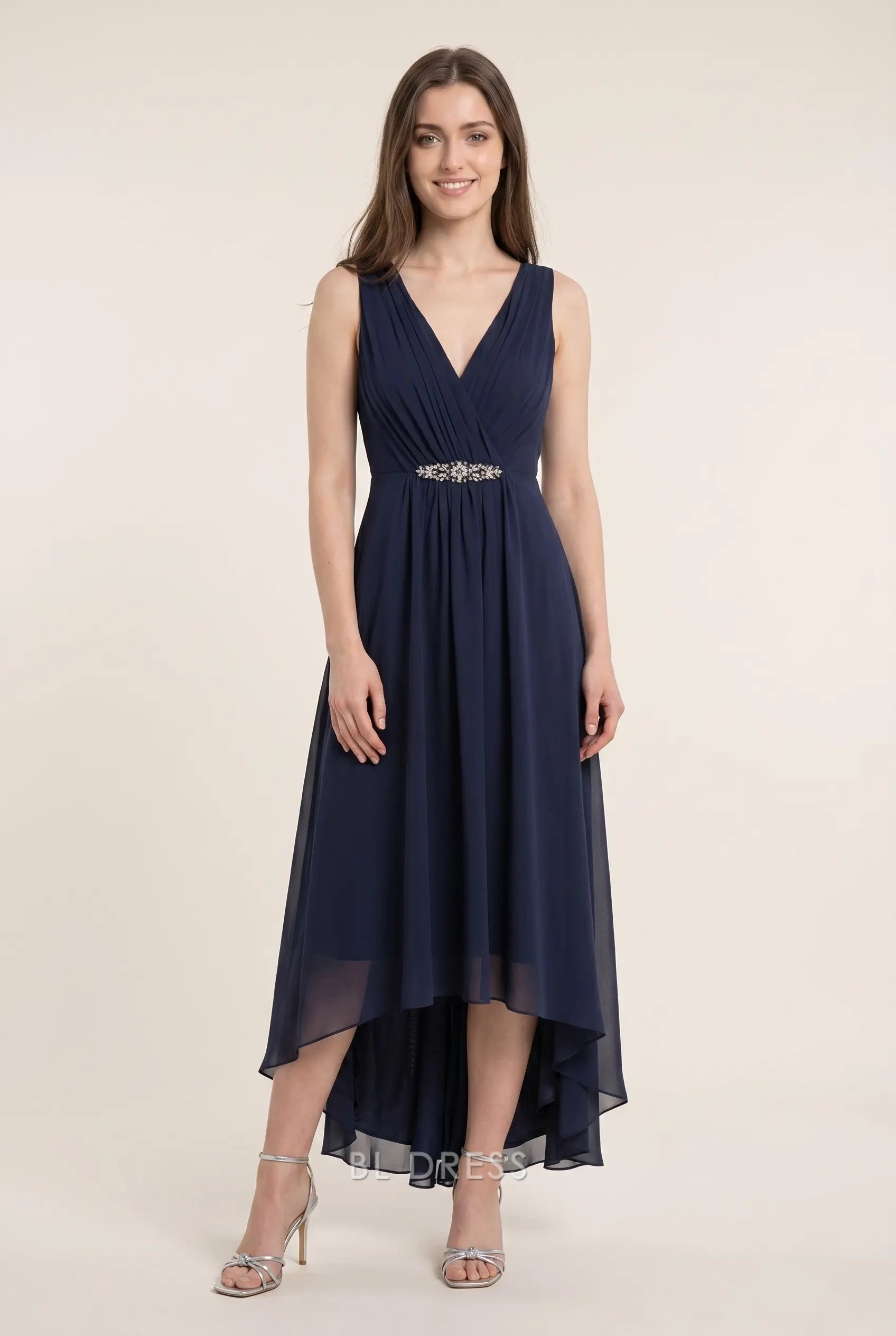 Navy Blue V Neck Sleeveless Beaded Waist High Low Chiffon Formal Evening Prom Dress