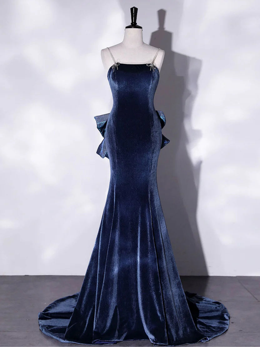 Navy Blue Velvet Mermaid Prom Dress with Crystal Straps and Large Bow Train