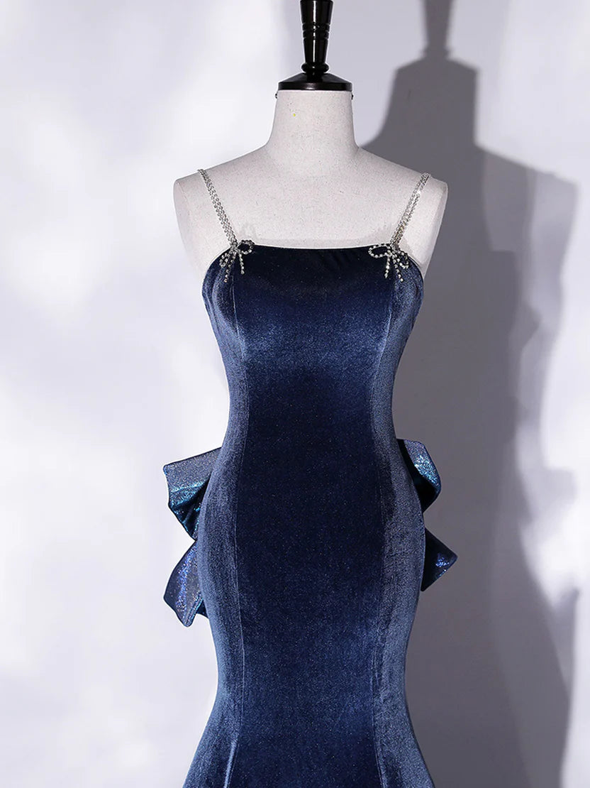 Navy Blue Velvet Mermaid Prom Dress with Crystal Straps and Large Bow Train