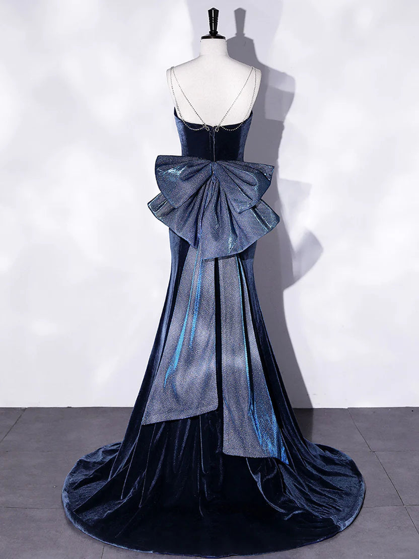 Navy Blue Velvet Mermaid Prom Dress with Crystal Straps and Large Bow Train
