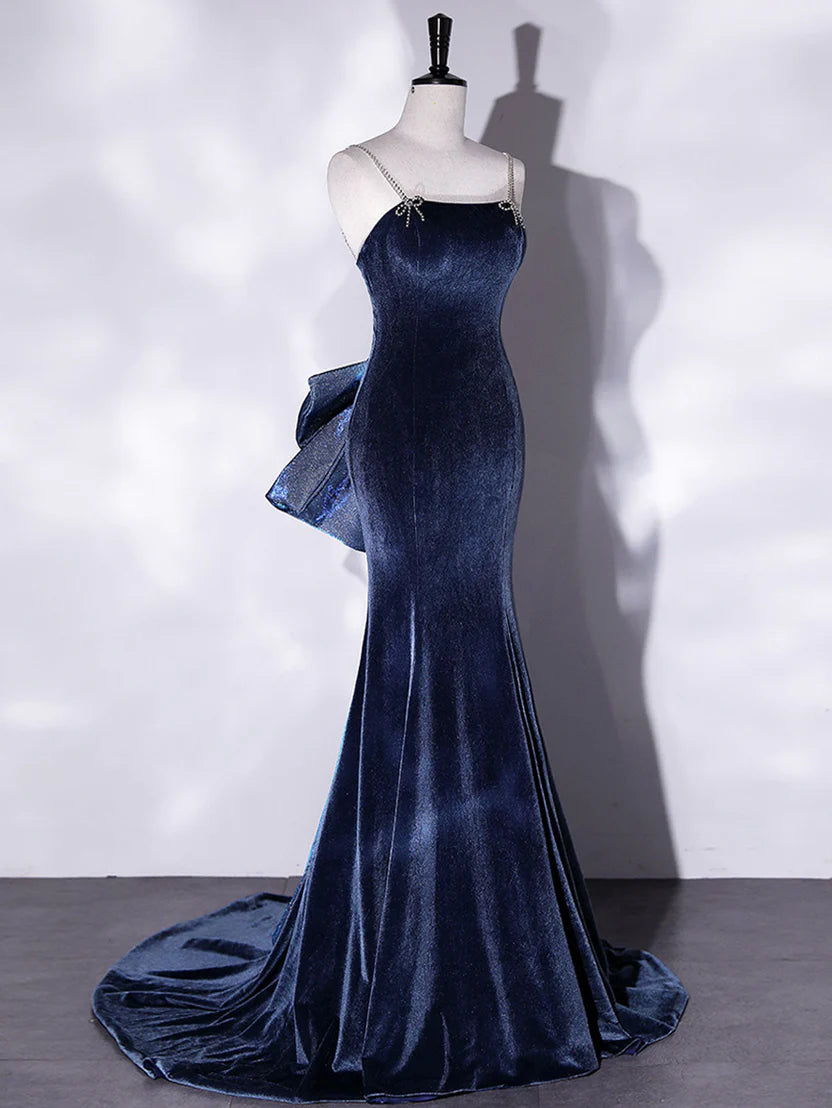 Navy Blue Velvet Mermaid Prom Dress with Crystal Straps and Large Bow Train