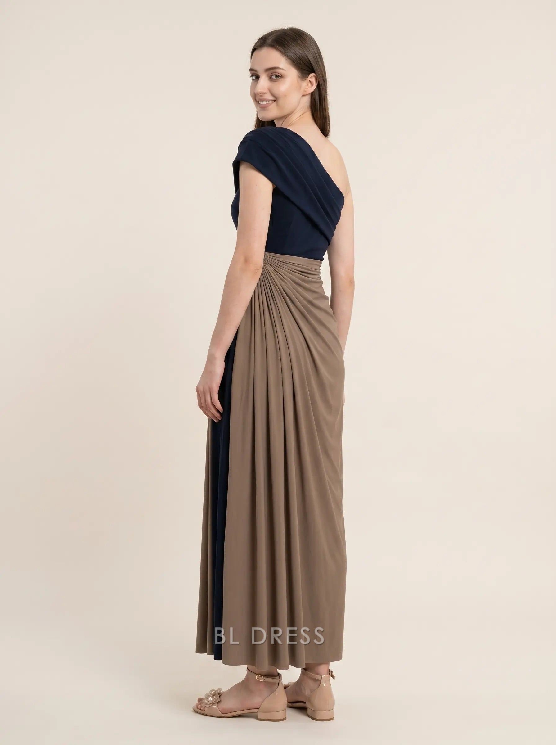 Navy Blue and Taupe One Shoulder Color Block Ruched Jersey A Line Floor Length Formal Evening Prom Dress