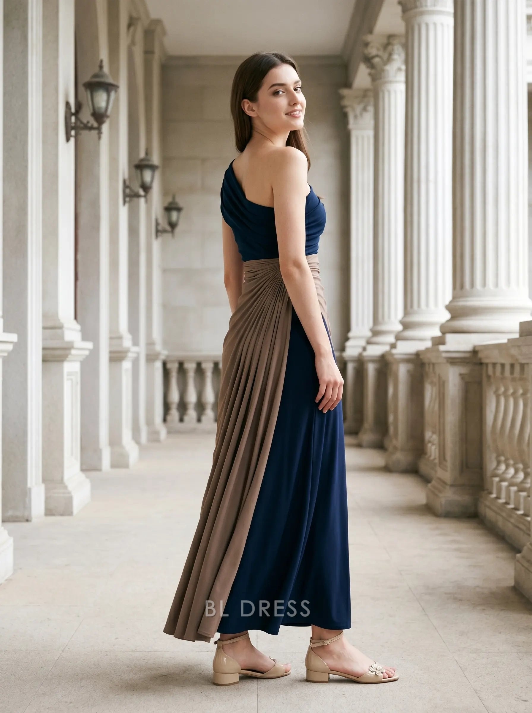 Navy Blue and Taupe One Shoulder Color Block Ruched Jersey A Line Floor Length Formal Evening Prom Dress