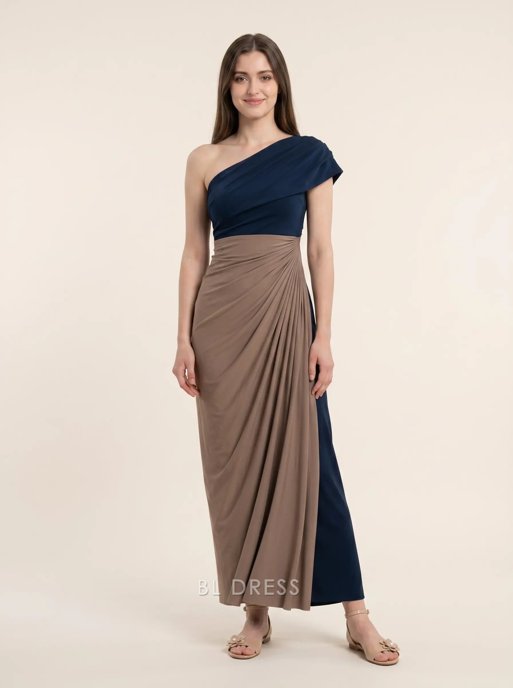 Navy Blue and Taupe One Shoulder Color Block Ruched Jersey A Line Floor Length Formal Evening Prom Dress