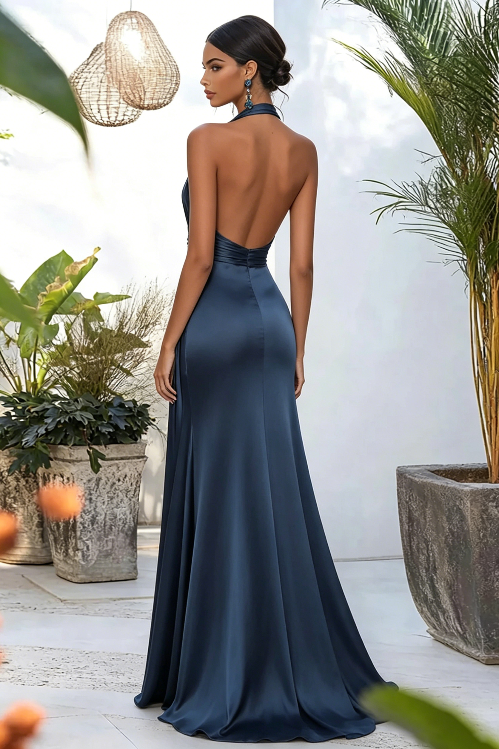 Navy Blue Halter Neck Prom Dress With Deep V Neck And Satin Mermaid Silhouette With Draped Train For Formal Evening Party