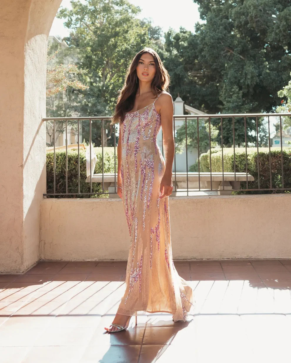 Nude Blush Pink Beaded Sequin Spaghetti Strap Maxi Evening Dress