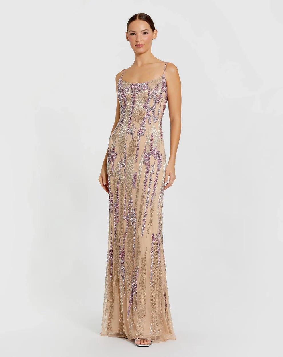 Nude Blush Pink Beaded Sequin Spaghetti Strap Maxi Evening Dress