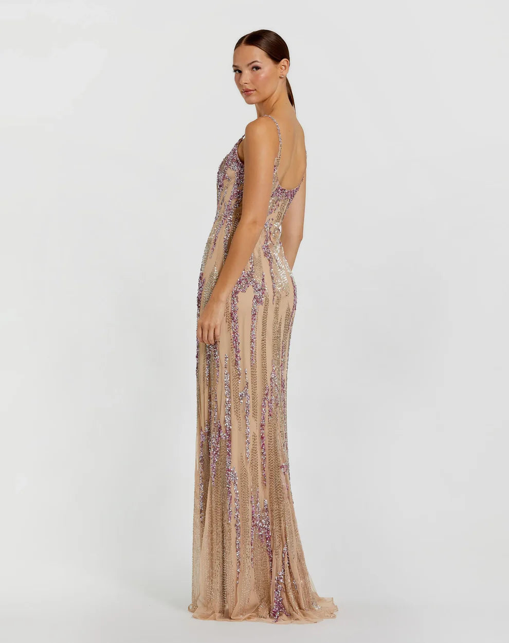 Nude Blush Pink Beaded Sequin Spaghetti Strap Maxi Evening Dress