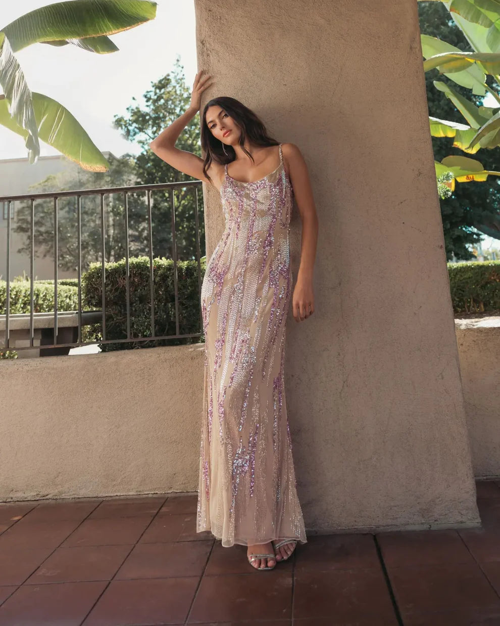 Nude Blush Pink Beaded Sequin Spaghetti Strap Maxi Evening Dress