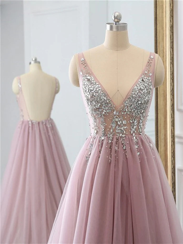 A-line V Neck Backless Beaded Tulle Long Prom Dress Evening Dress With Slit