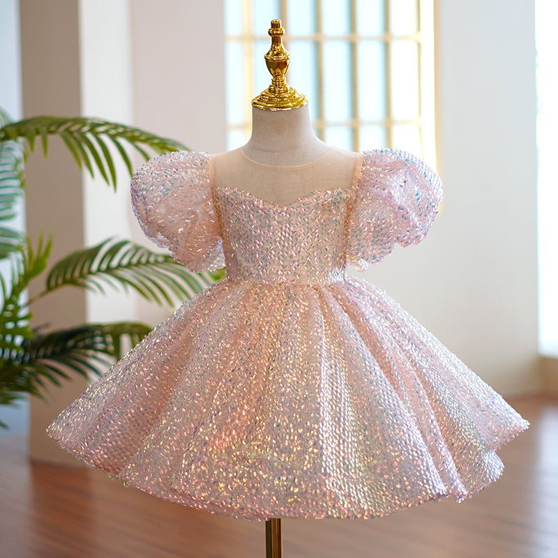 Princess Knee Length Flower Girl Dresses Party Tulle Short Sleeve Jewel Neck with Paillette