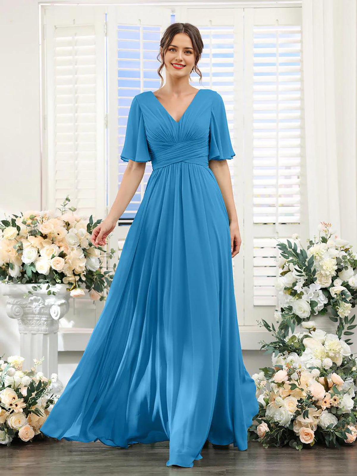 A-Linie V-Ausschnitt Ärmel Langes Chiffon Formelle Partykleider für Hochzeitsgäste Brautjungfernkleid