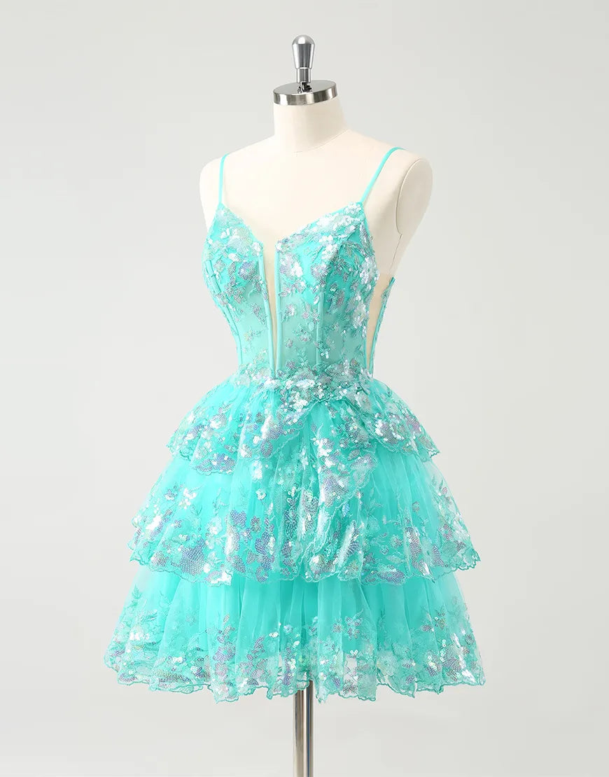 A-Linie Glitzerndes, gestuftes Pailletten-Heimkehrkleid mit Spaghettiträgern