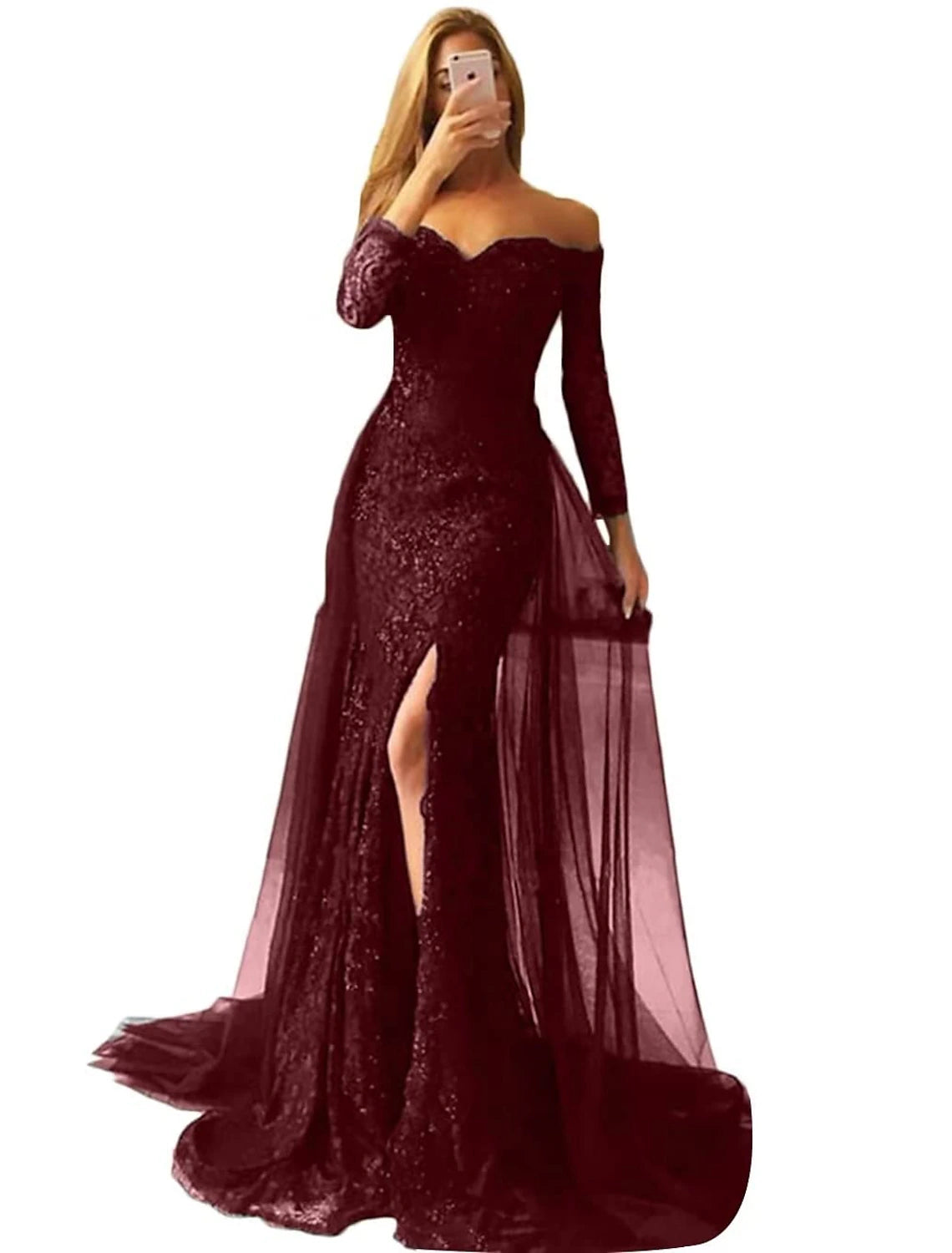 Back view of the formal chiffon gown showing sweep train and elegant silhouette.