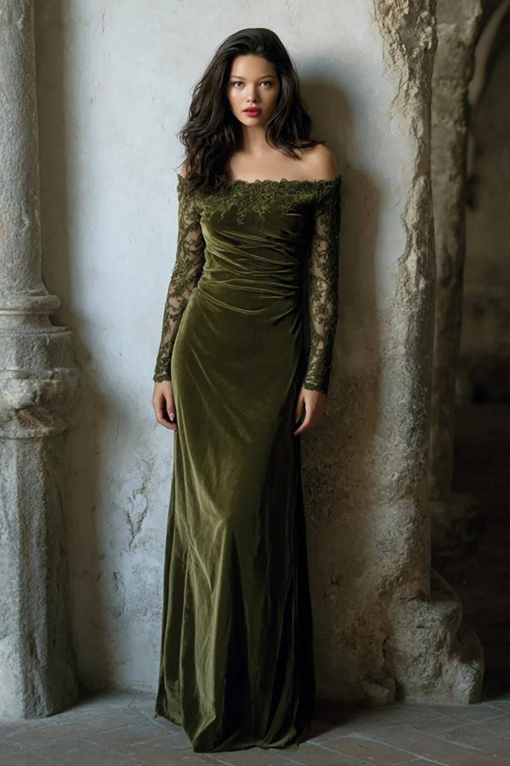 Off-Shoulder Lace Velvet Mermaid Prom Dress (Olive Green)