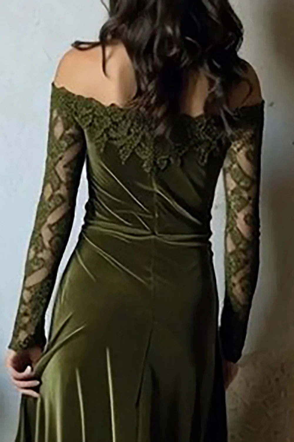 Off-Shoulder Lace Velvet Mermaid Prom Dress (Olive Green)