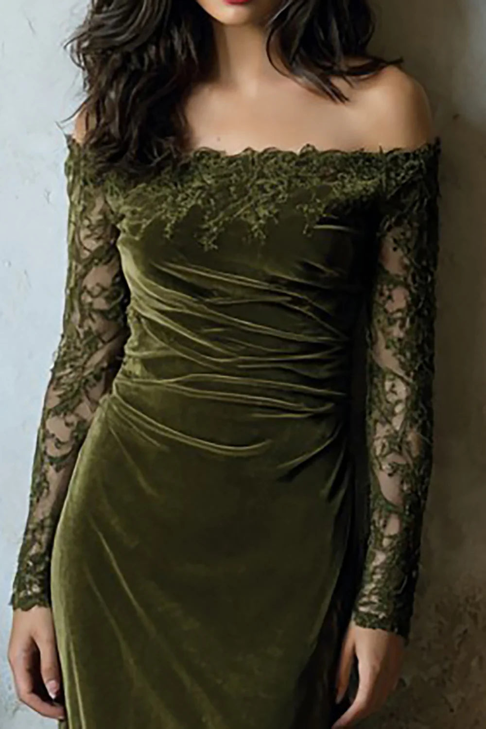 Off-Shoulder Lace Velvet Mermaid Prom Dress (Olive Green)