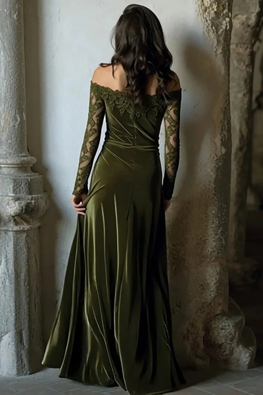 Off-Shoulder Lace Velvet Mermaid Prom Dress (Olive Green)