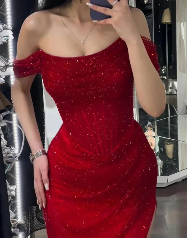 Off-Shoulder Pleated Sparkly Sheath Prom Dress