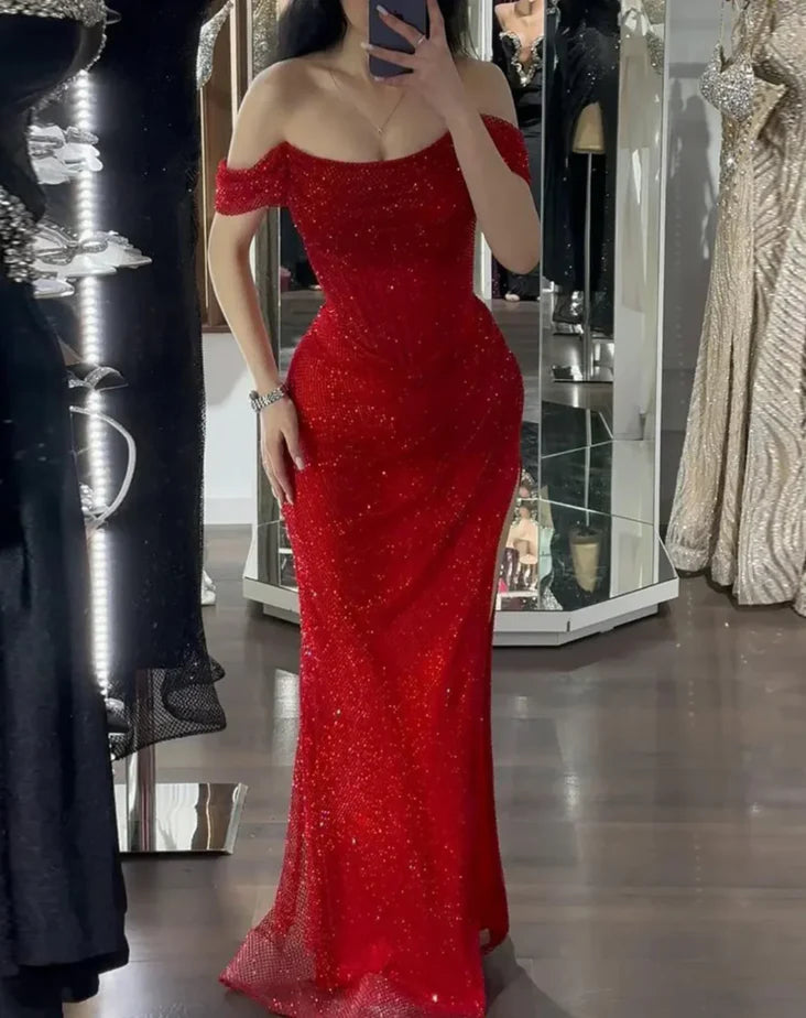 Off-Shoulder Pleated Sparkly Sheath Prom Dress
