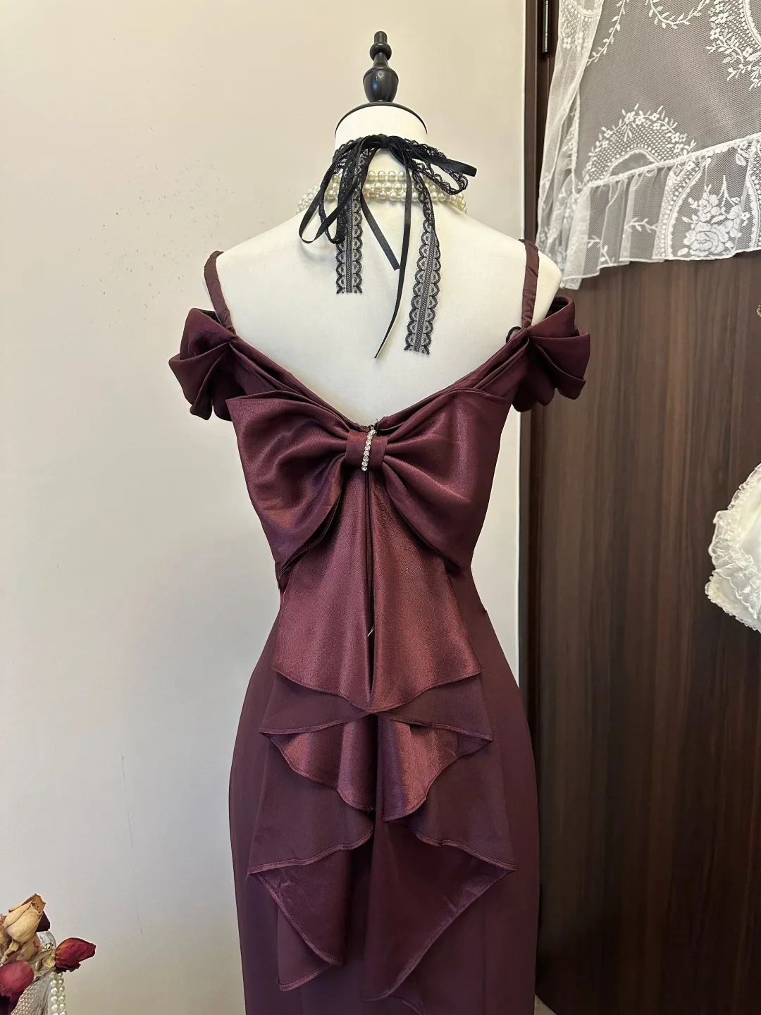 Off-the-Shoulder Bow Back Satin Sheath Evening Dress with Lace-Up Neck Detail