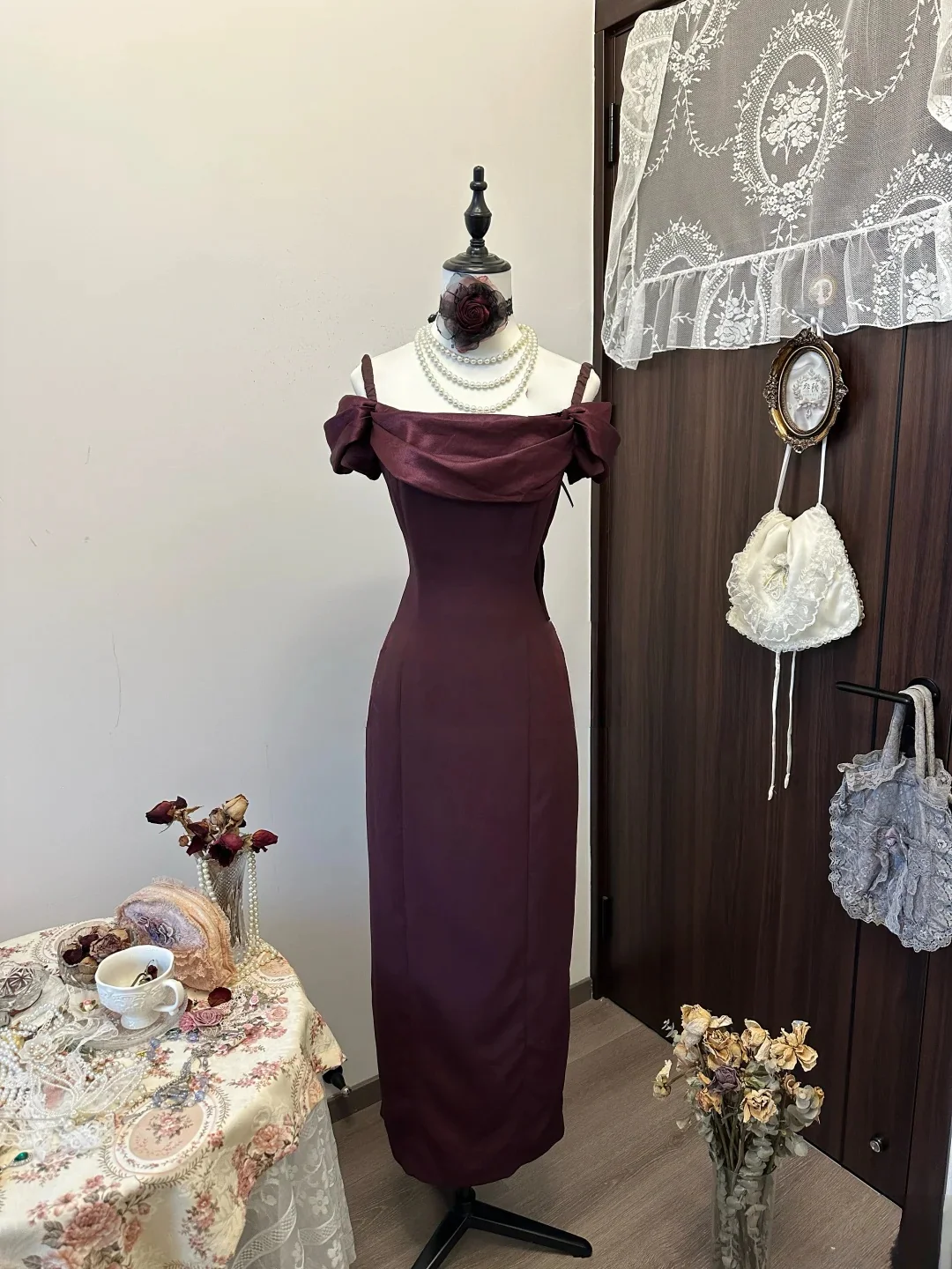 Off-the-Shoulder Bow Back Satin Sheath Evening Dress with Lace-Up Neck Detail